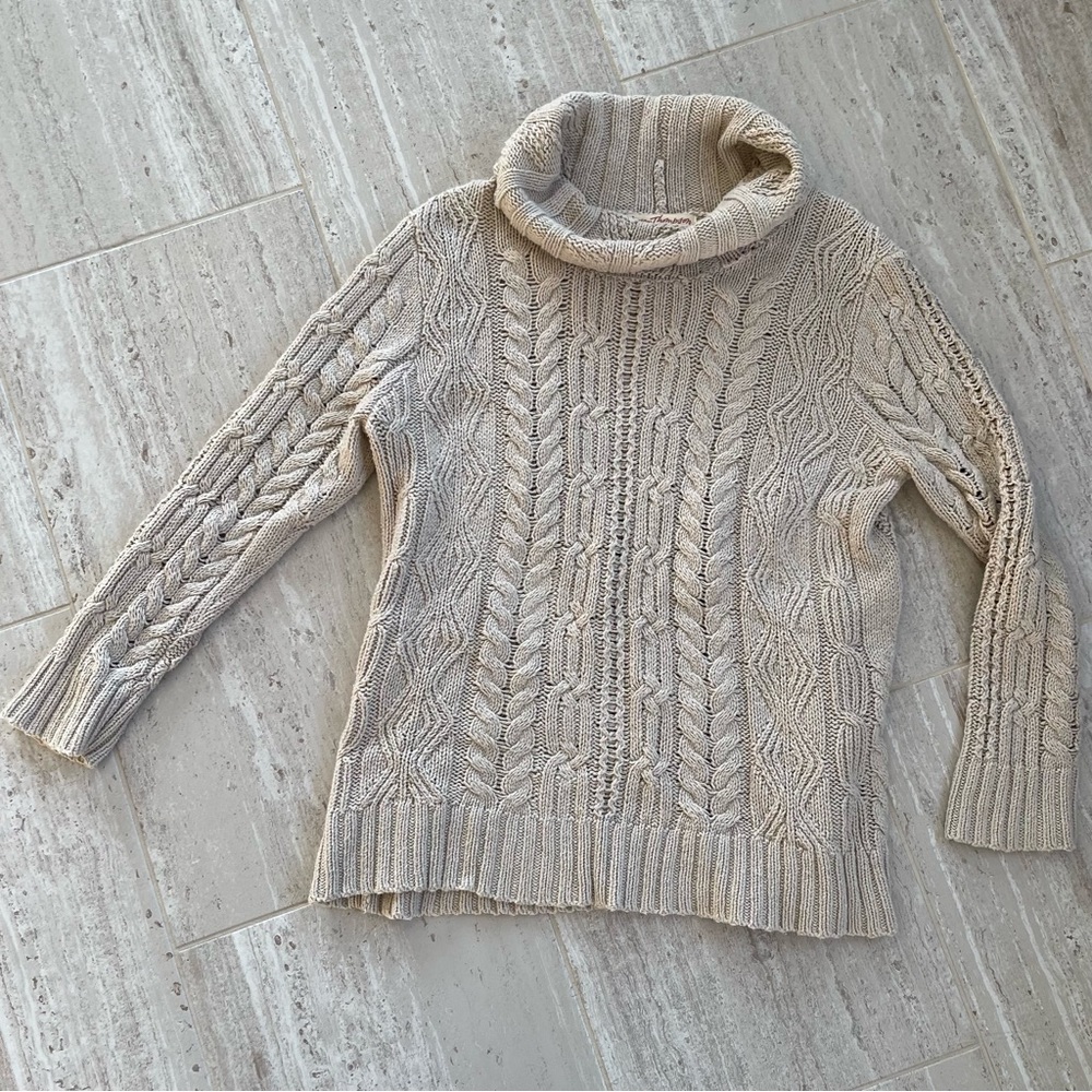 Norm Thompson Cable Knit Sweater Small Cowl Neck Chunky Beige Cotton Blend Vtg
